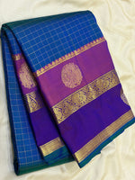 Load image into Gallery viewer, Classic Peacock Blue &amp; Fuchsia Pink Oosi Checks 2gm Zari Elegance Kanchipuram Handloom Silk Saree SS27201
