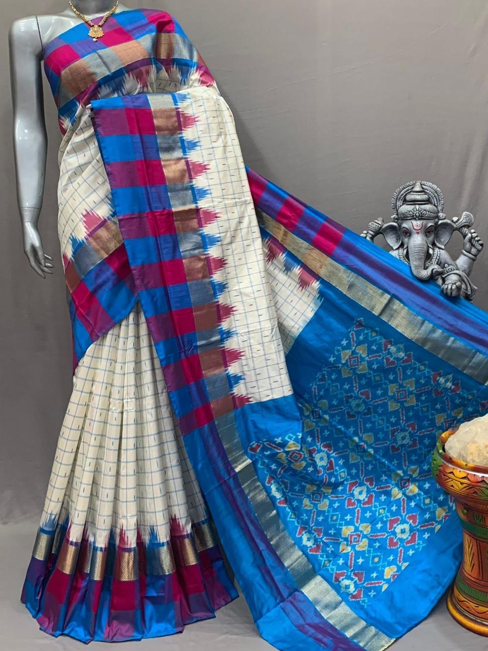 Classic Butter Cream & Azure Blue Ikkat Elegance Handloom Soft Silk Saree SS23145