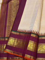 Load image into Gallery viewer, Classic Pearl Beige &amp; Plum 2gm Zari Elegance Kanchipuram Handloom Silk Saree SS28592
