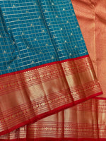 Load image into Gallery viewer, Classic Prussian Blue &amp; Chilli Red 2gm Zari Beldari Checks Elegance Kanchipuram Handloom Silk Saree SS24613
