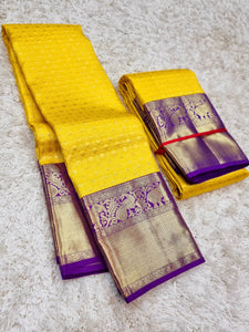 Classic Sunny Yellow & Purple 2gm Zari Bridal Elegance Kanjivaram Handloom Silk Saree SS22929