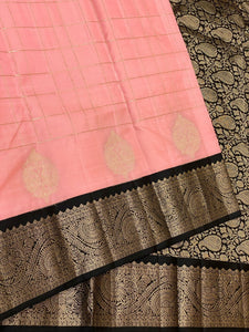 Classic Baby Pink & Charcoal Black 2gm Zari Vaira Oosi Checks Elegance Kanchipuram Handloom Silk Saree SS24608