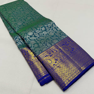 Classic Peacock Green & Robin Blue 1gm Zari Bridal Elegance Kanchipuram Tissue Handloom Silk Saree SS24632