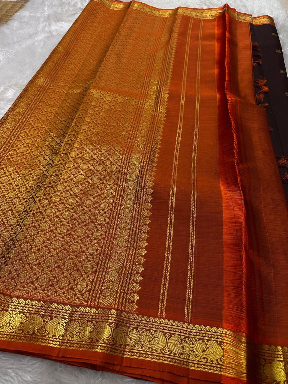 Classic Aubergine & Burnt Orange Elegance Kanchipuram Handloom Silk Saree SS25388