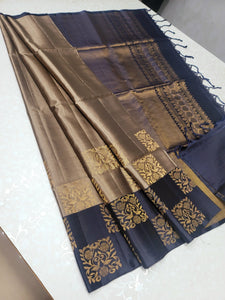 Pastel Cocoa & Slate Blue Elegance Handloom Soft Silk Saree SS25310