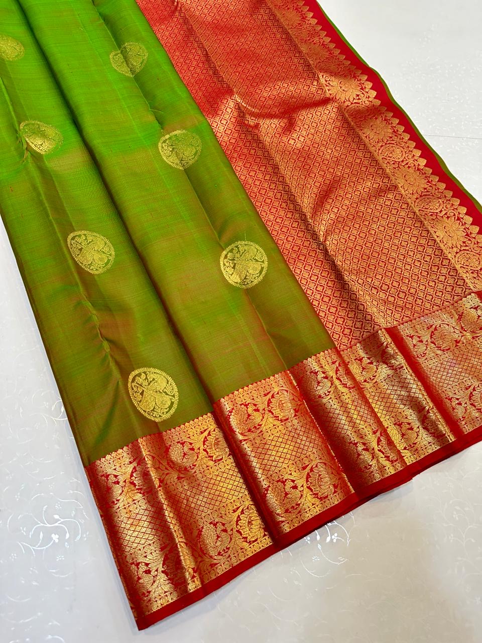 Classic Olive Green & Red Elegance Kanchipuram Handloom Silk Saree SS24324