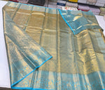 Load image into Gallery viewer, Classic Shimmer Gold &amp; Ice Blue Brocade Tissue Bridal Elegance Kanchipuram Handloom Silk Saree SS27282
