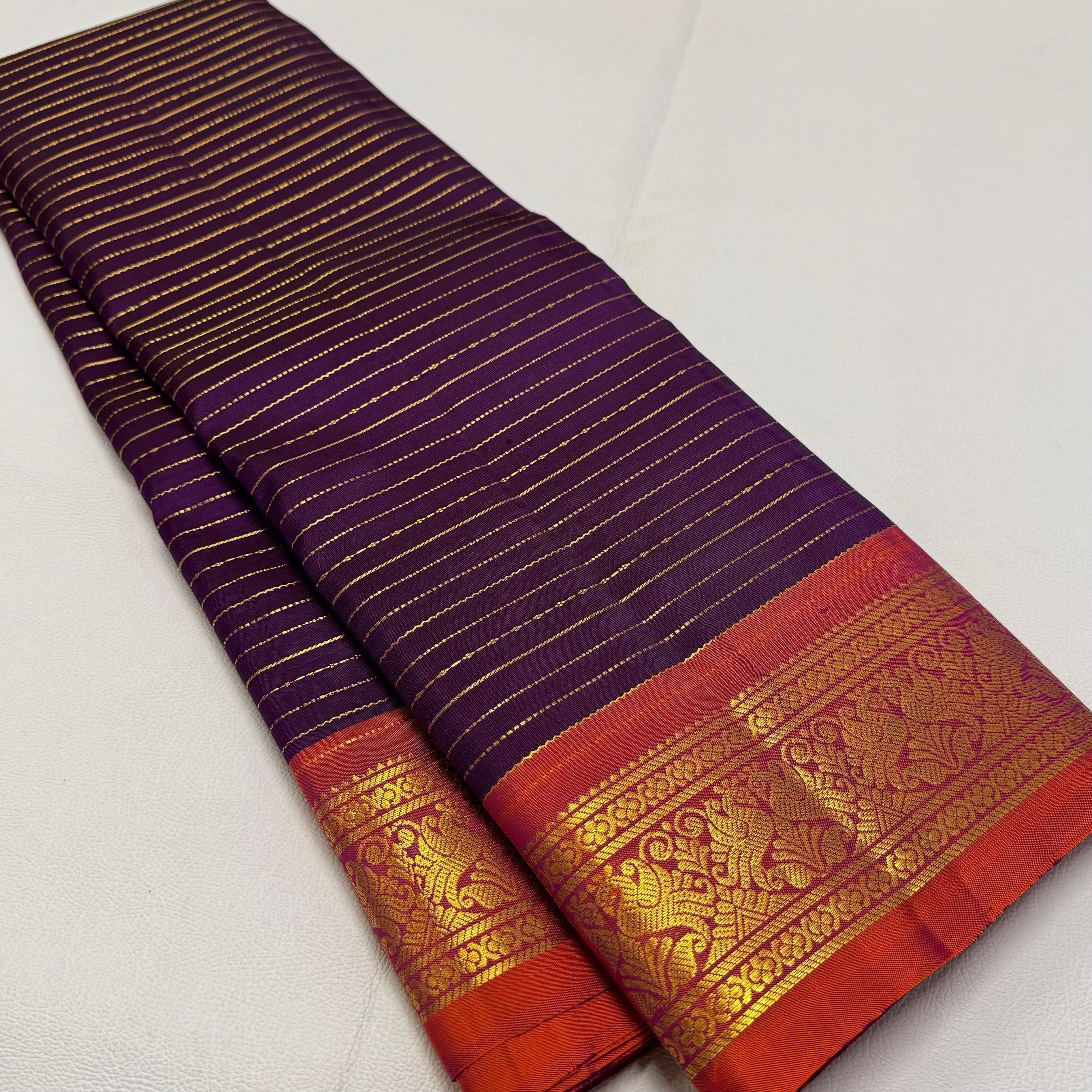 Classic Plum & Orange 2gm Zari Elegance Kanchipuram Handloom Silk Saree SS24678