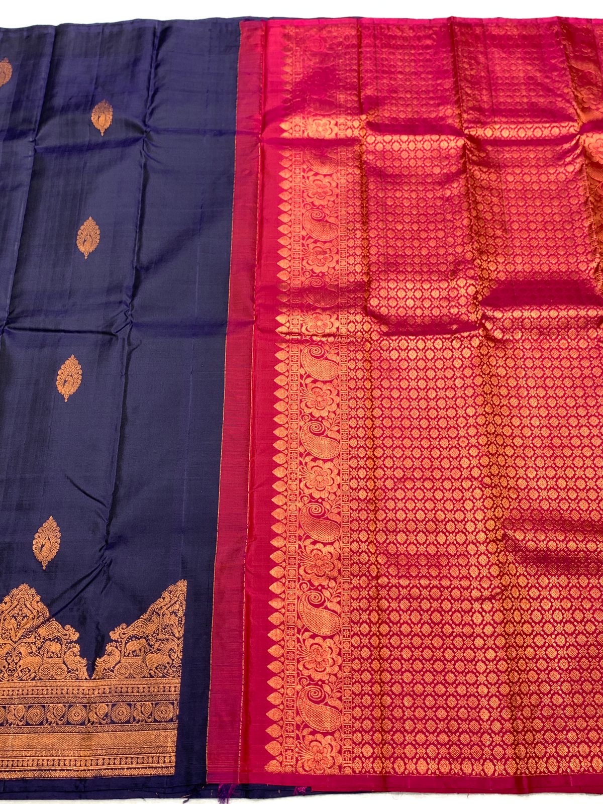 Classic Steel Blue & Deep Pink 2gm Zari Elegance Kanchipuram Handloom Silk Saree SS25444