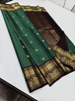 Load image into Gallery viewer, Classic Jade Green &amp; Coffee Brown 2gm Zari Elegance Kanchipuram Handloom Silk Saree SS24655
