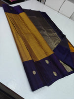 Load image into Gallery viewer, Classic Mustard &amp; Navy Blue 2gm Zari Vaira Oosi Checks Elegance Kanchipuram Handloom Silk Saree SS27110
