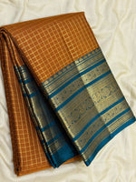 Load image into Gallery viewer, Classic Mustard Yellow &amp; Teal Blue Beldari Vintage Oosi Checks 2gm Zari Elegance Kanchipuram Handloom Silk Saree SS27204
