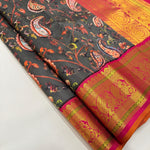 Load image into Gallery viewer, Classic Black &amp; Orange Korvai Digital Print 2gm Zari Kanchipuram Handloom Silk Saree SS25992
