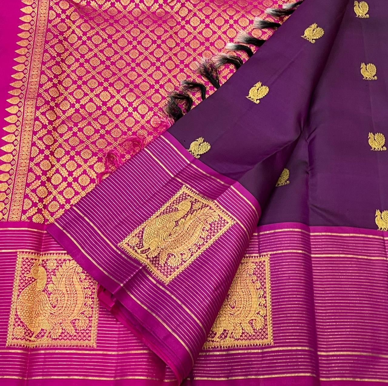 Classic Plum & Fuchsia Pink 1gm Zari Elegance Kanchipuram Handloom Silk Saree SS24711