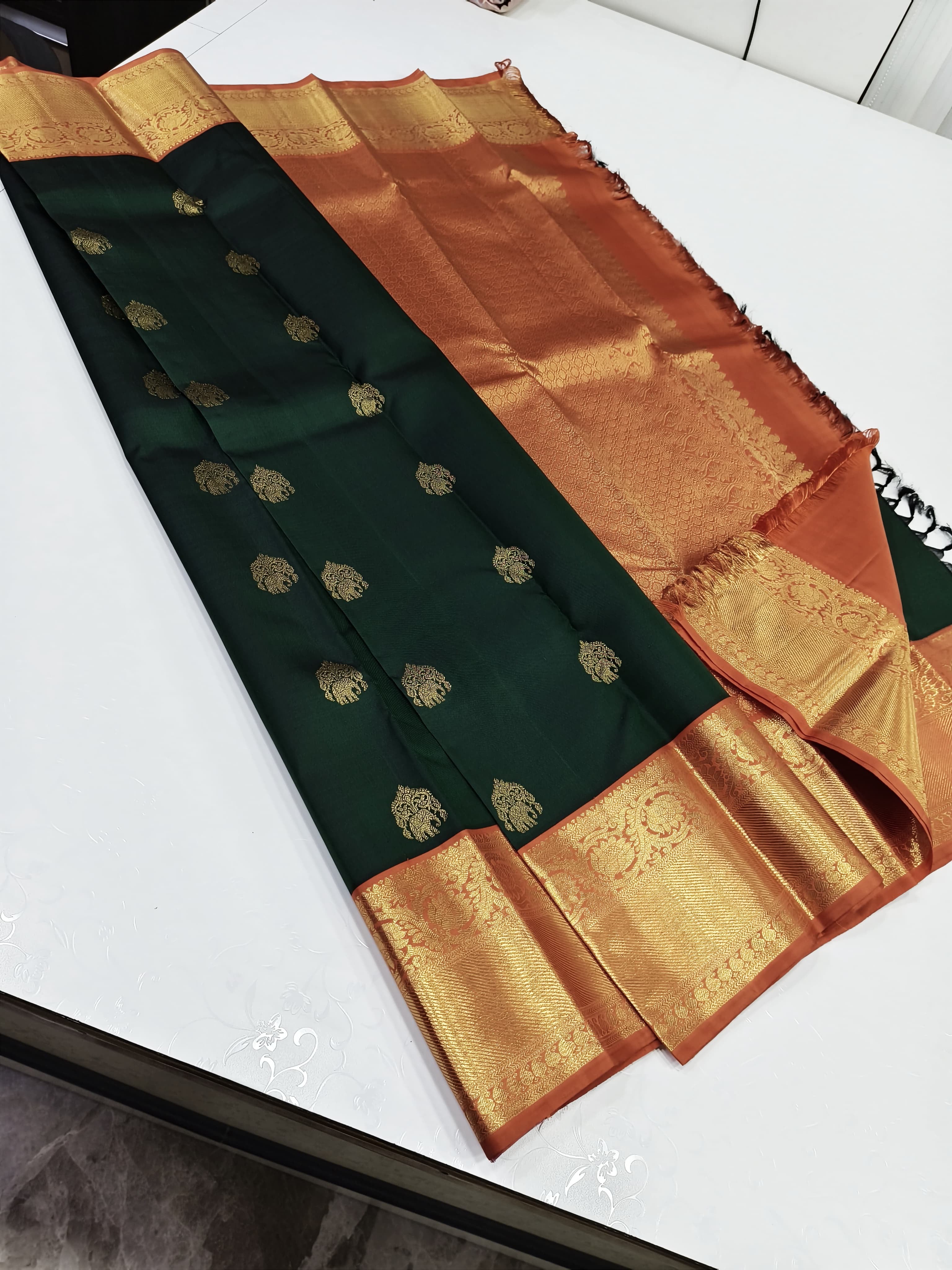 Classic Bottle Green & Melon Orange 2gm Zari Elegance Kanchipuram Handloom Silk Saree SS24812