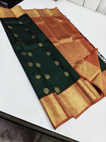 Load image into Gallery viewer, Classic Bottle Green &amp; Melon Orange 2gm Zari Elegance Kanchipuram Handloom Silk Saree SS24812
