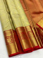 Load image into Gallery viewer, Light Olive Green &amp; Scarlet Red 2gm Zari Kanchipuram Handloom Silk Saree SS25625
