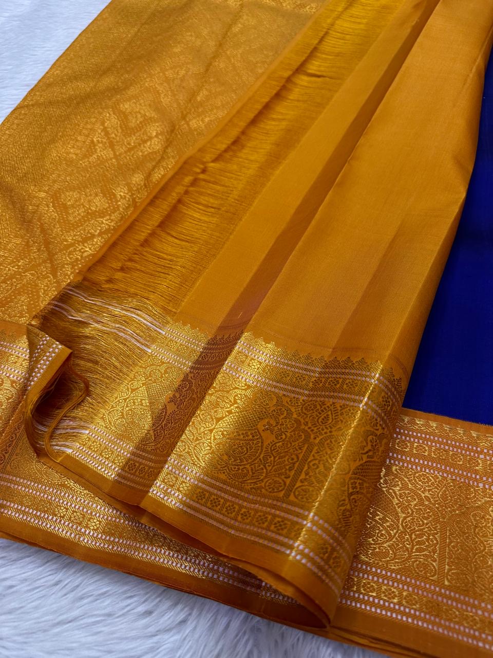 Classic Royal Blue & Orange 2gm Zari Korvai Elegance Kanchipuram Handloom Silk Saree SS23733