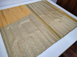Classic Mustard & Oatmeal Beige 1gm Zari Raising Temple Border Kanchipuram Handloom Silk Saree SS26279