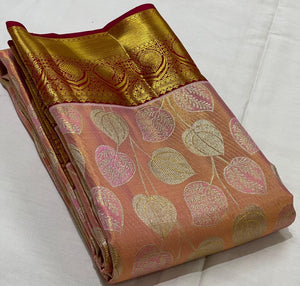 Classic Sunset Peach & Red 2gm Zari Brocade Bridal Elegance Kanchipuram Handloom Silk Saree SS23639