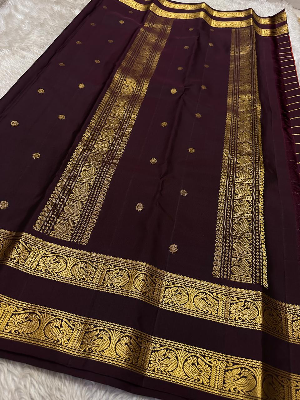 Classic Brick Orange & Dark Espresso Coffee Brown 2gm Zari Beldari Kanchipuram Handloom Silk Saree SS26422