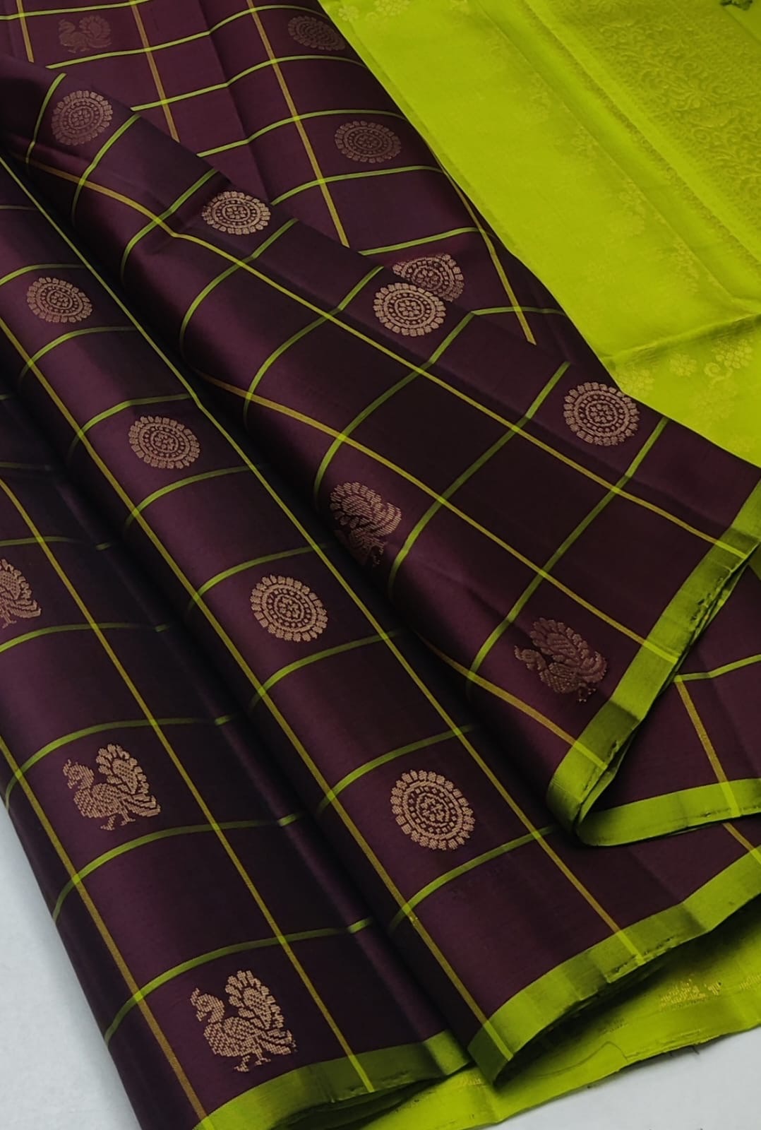 Classic Chocolate Brown & Lime Green Elegance Handloom Soft Silk Saree SS24781