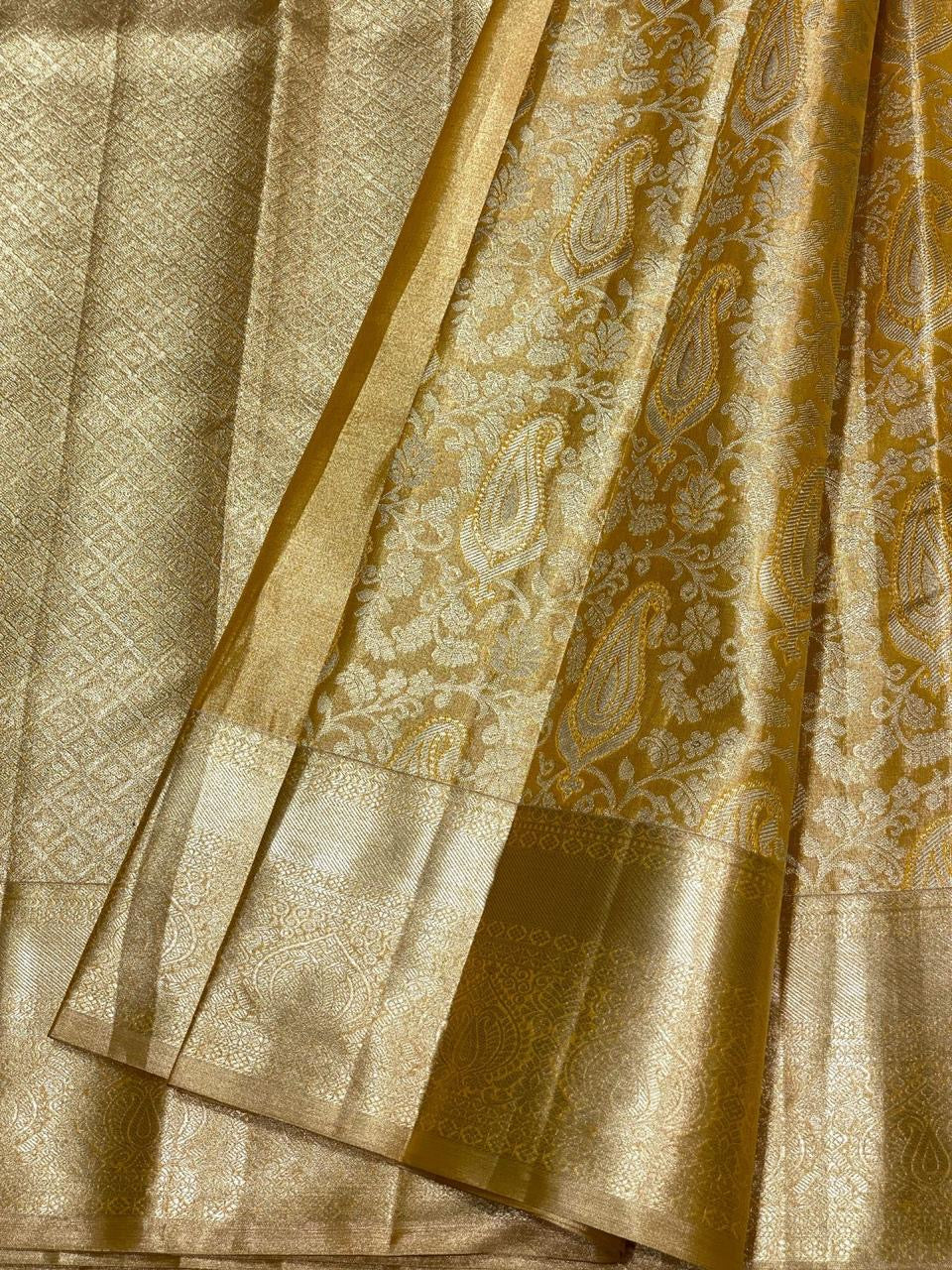 Classic Mango Yellow 2gm Zari Bridal Designer Brocade Elegance Kanchipuram Tissue Handloom Silk Saree SS24206