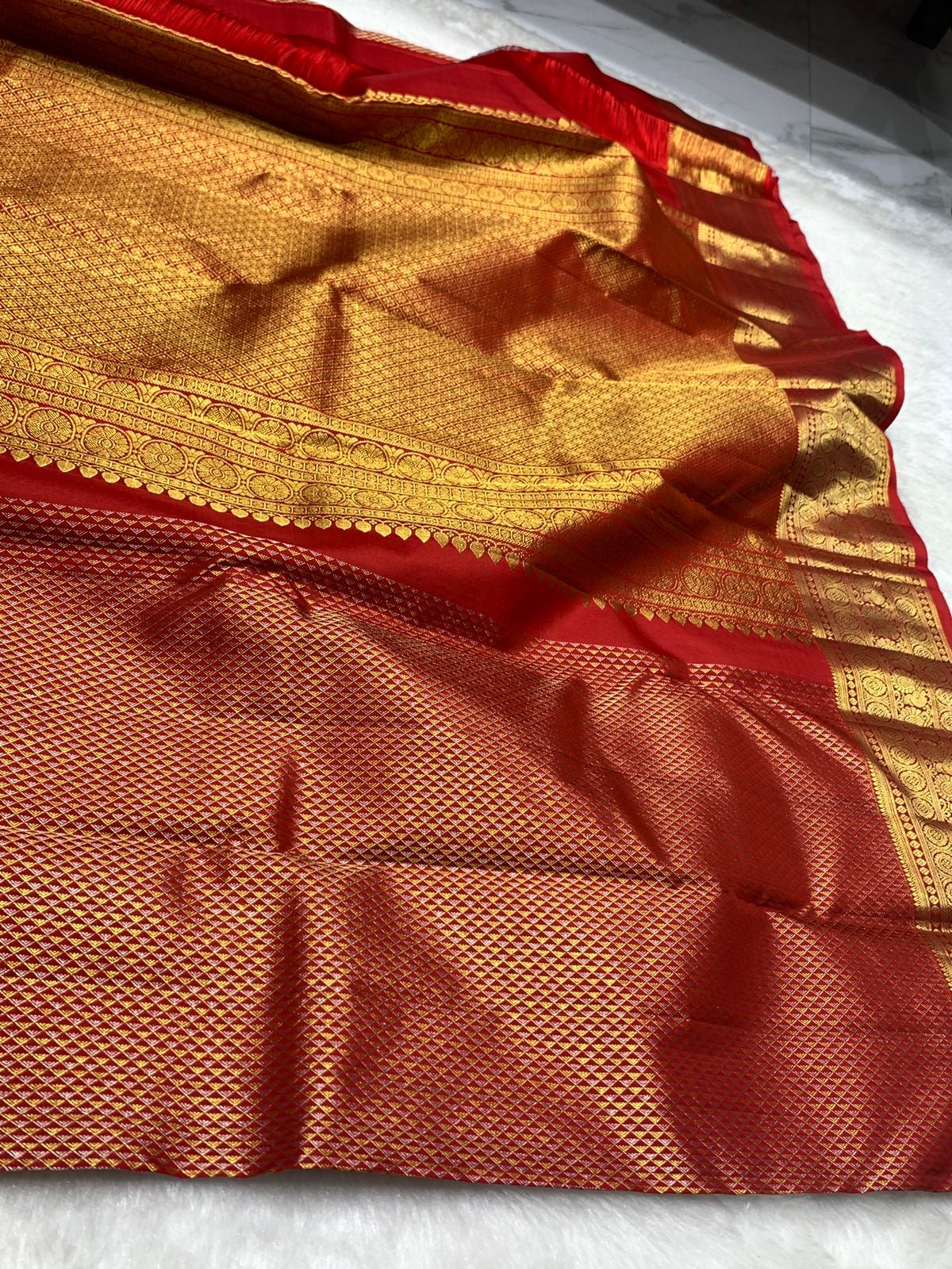 Classic Dark Orange Red 2gm Zari Bridal Elegance Kanchipuram Handloom Silk Saree SS26494