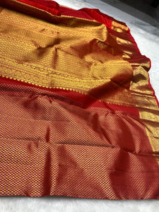 Classic Dark Orange Red 2gm Zari Bridal Elegance Kanchipuram Handloom Silk Saree SS26494