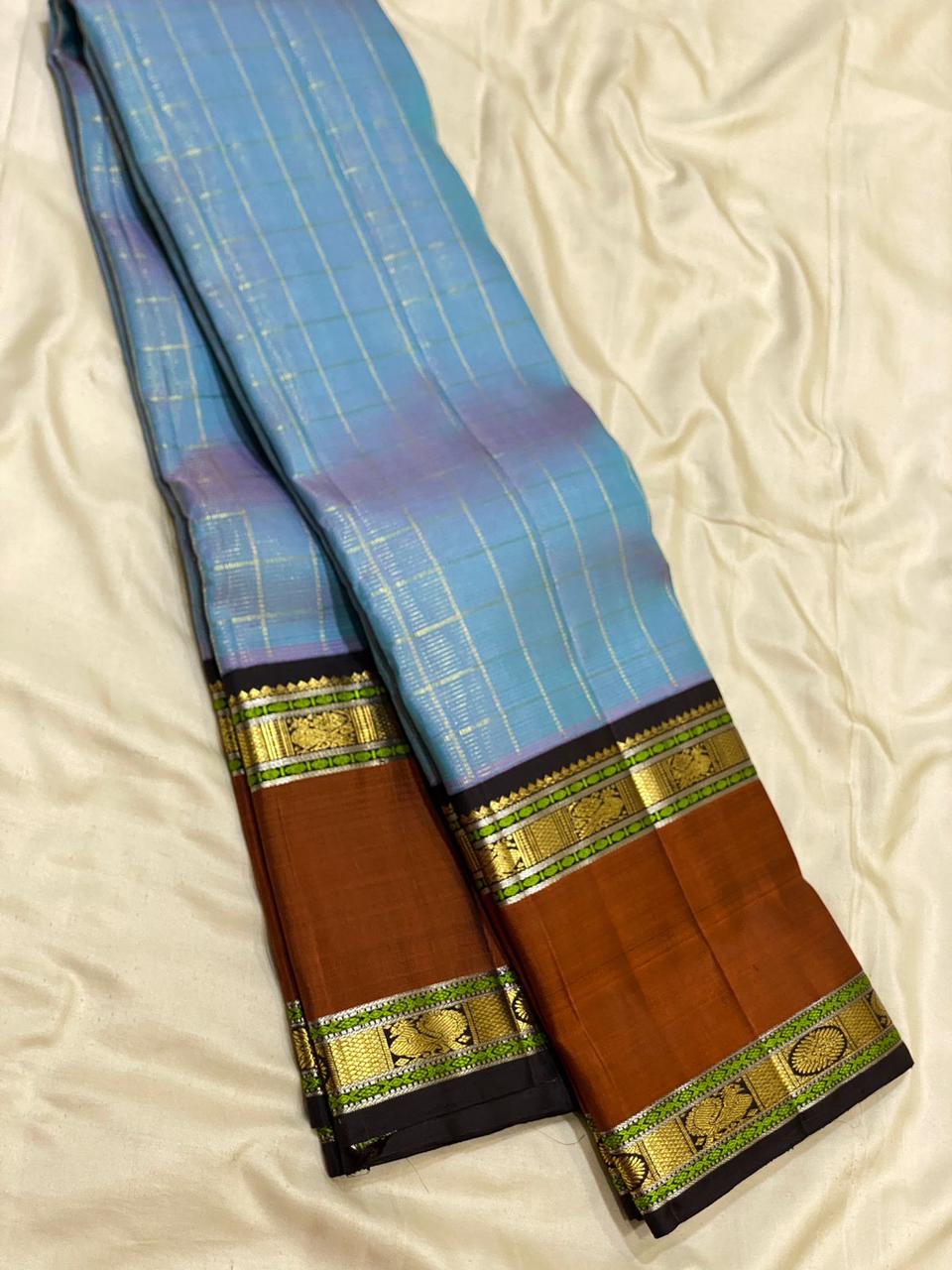 Classic Cornflower Blue & Caramel Brown 2gm Zari Vaira Oosi Checks Butta Kanchipuram Handloom Silk Saree SS26321