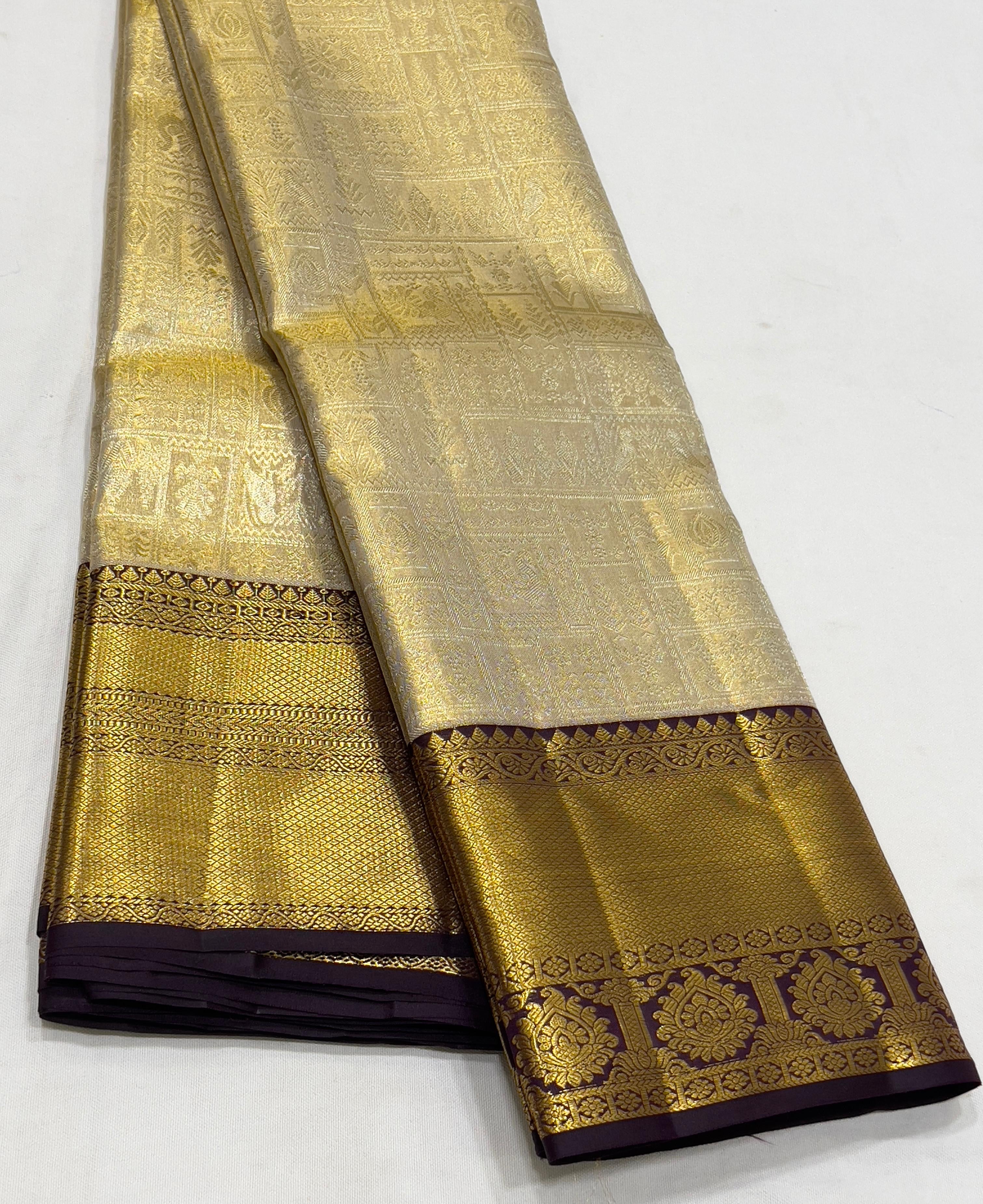 Classic Golden Beige & Aubergine 1gm Zari Bridal Elegance Kanchipuram Handloom Silk Saree SS24113