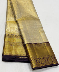 Classic Golden Beige & Aubergine 1gm Zari Bridal Elegance Kanchipuram Handloom Silk Saree SS24113