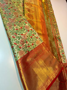 Classic Cream & Chilli Red Elegance Kanchipuram Tissue Handloom Silk Saree SS24509