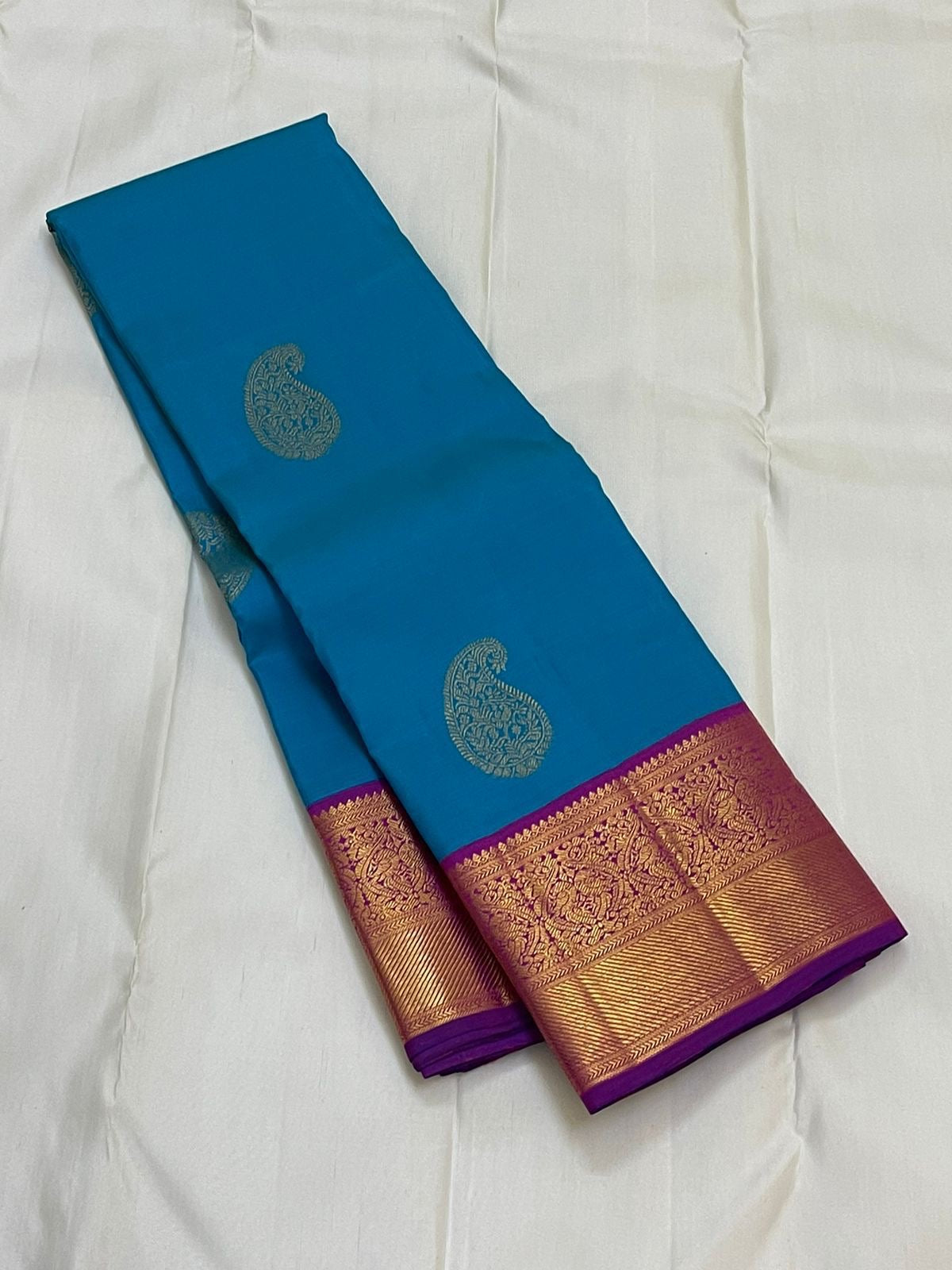 Classic Azure Blue & Berry Purple 1gm Zari Korvai Elegance Kanchipuram Handloom Silk Saree SS24455