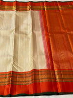 Load image into Gallery viewer, Classic Beige Cream &amp; Orange 2gm Zari Elegance Kanchipuram Handloom Silk Saree SS20576
