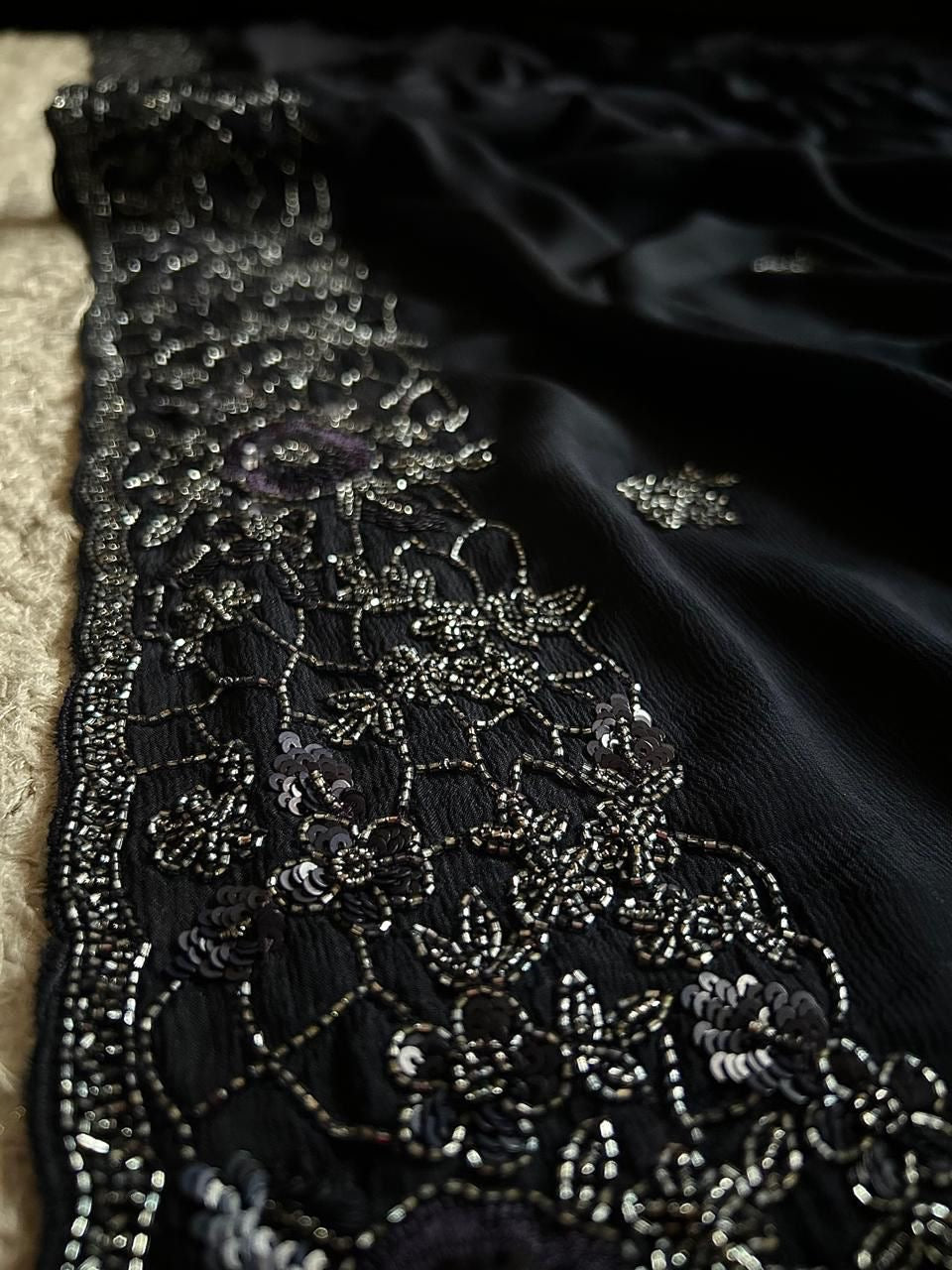 Classic Charcoal Black Elegance Chinnon Crepe Chiffon Silk Saree SS25399