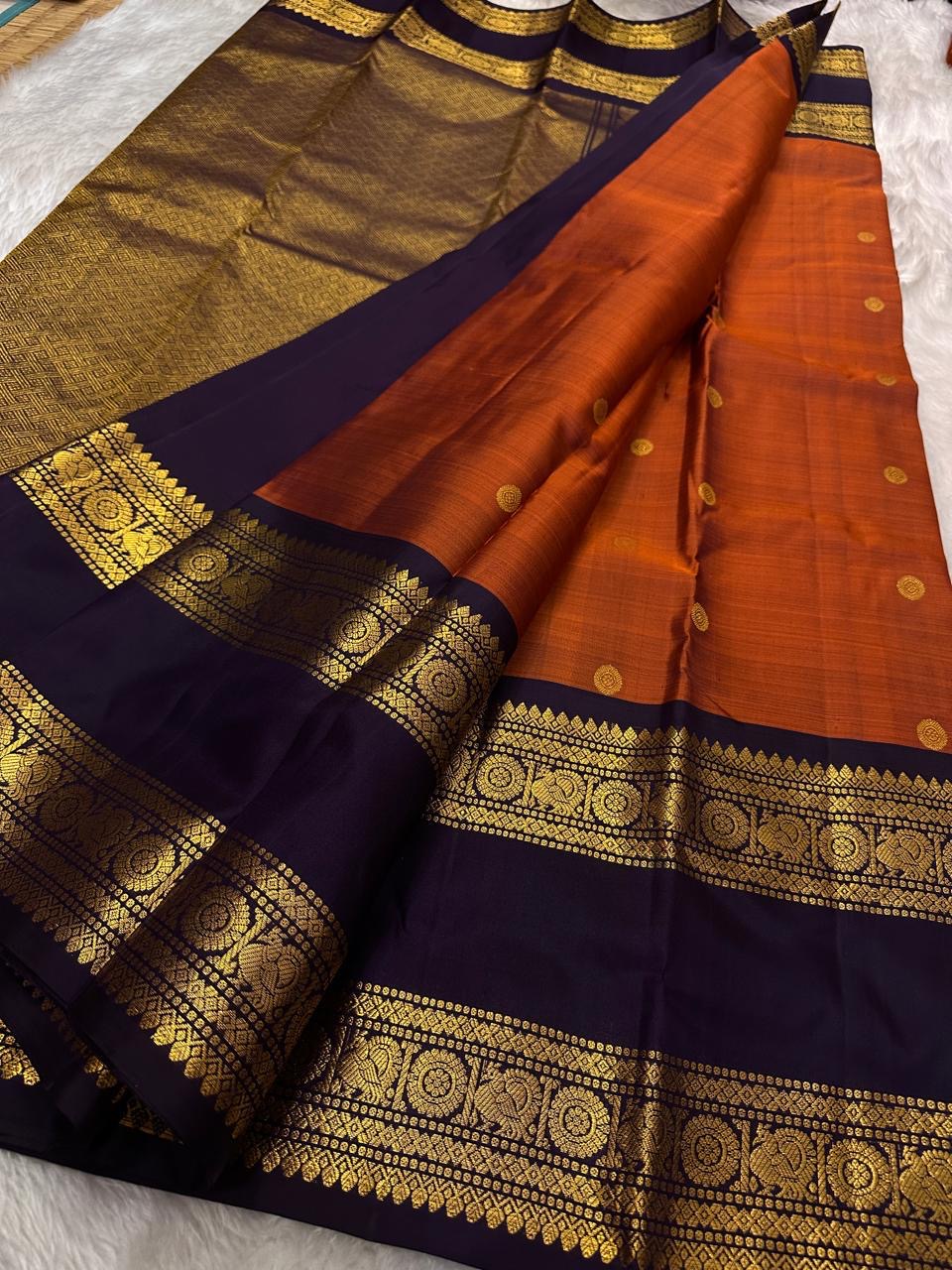 Classic Orange & Aubergine Elegance Kanchipuram Handloom Silk Saree SS24542