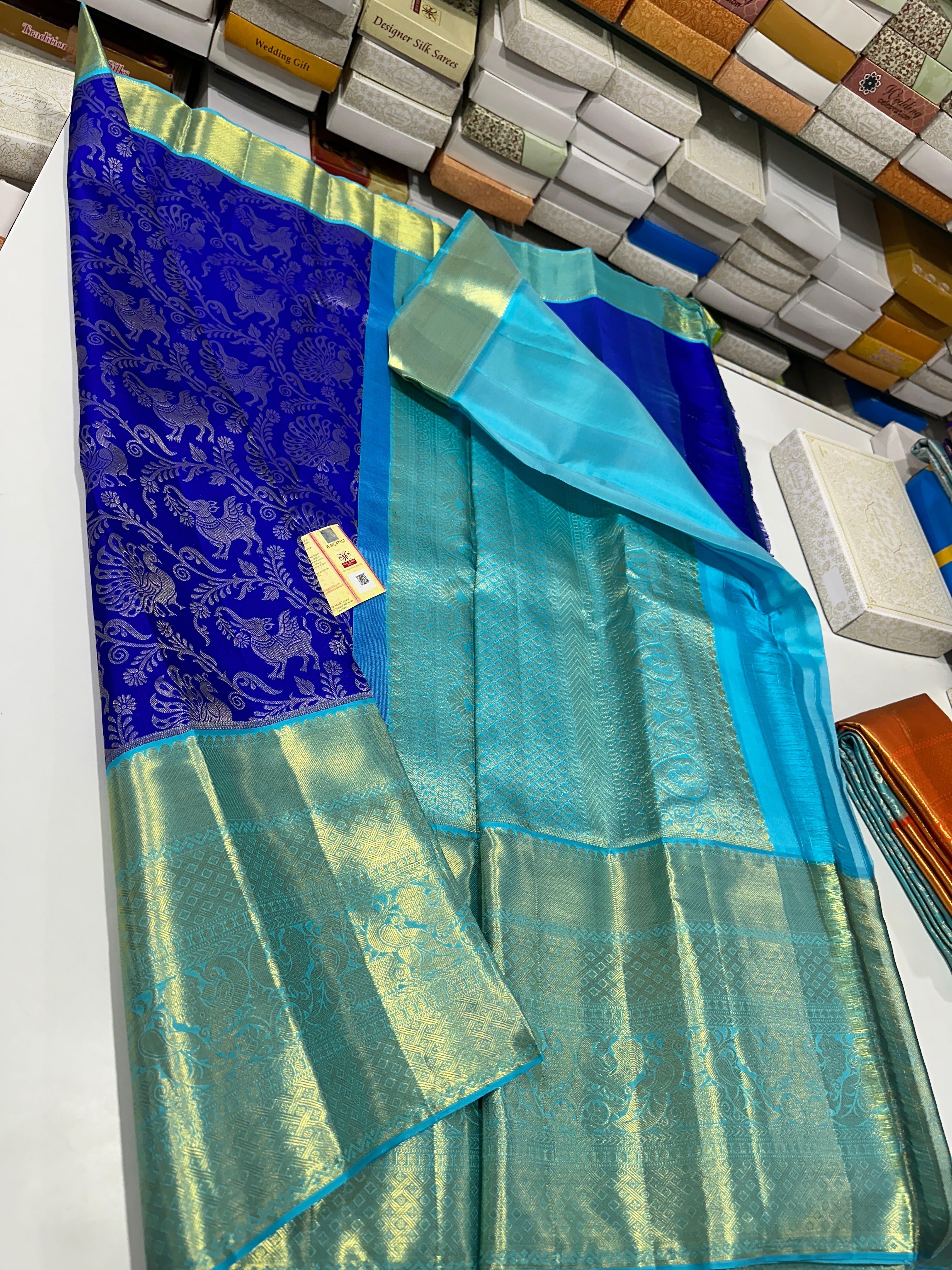 Classic Robin Blue & Ice Blue Bridal Elegance Kanchipuram Handloom Silk Saree SS23707