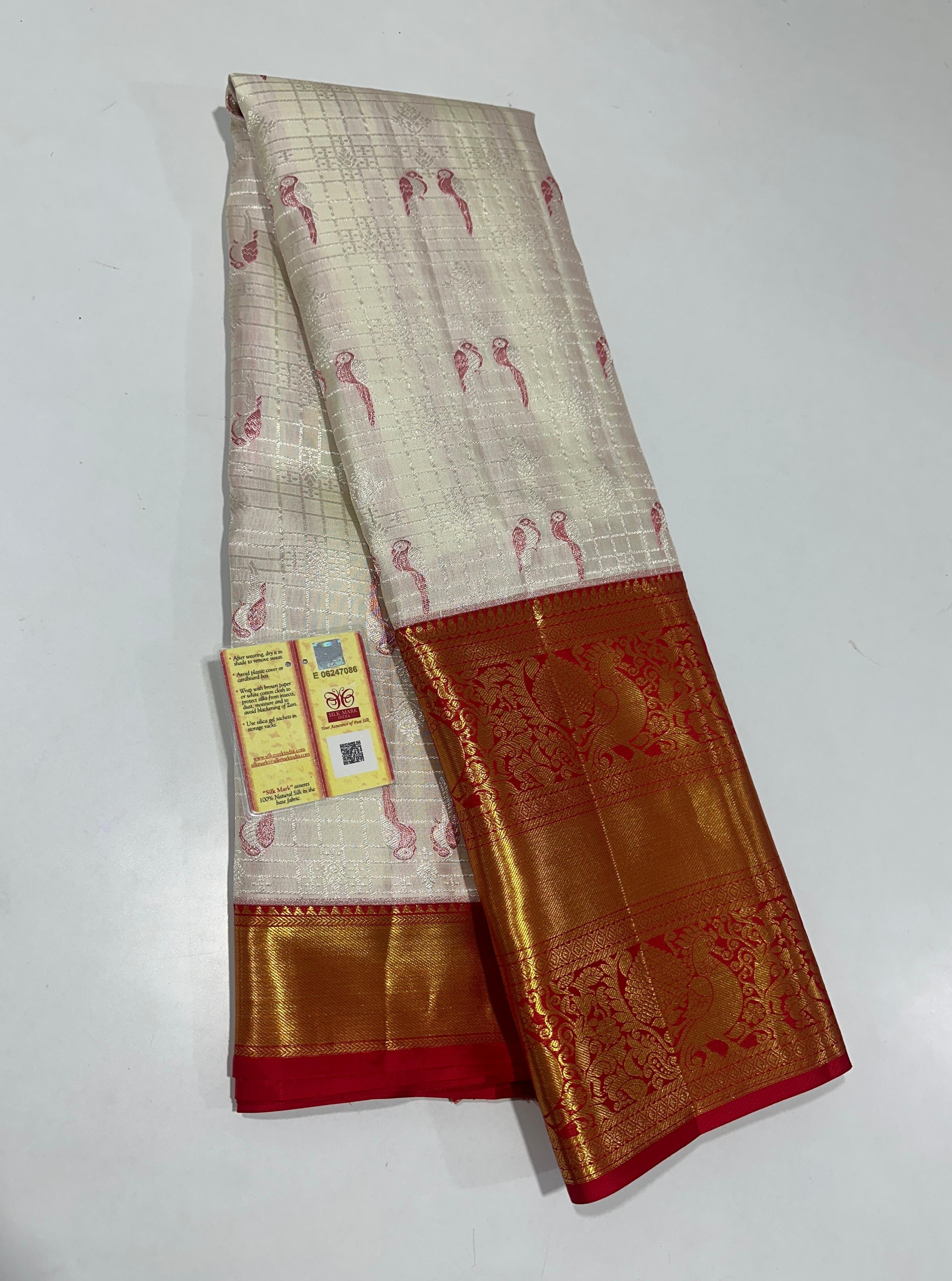 Clasic White & Red Elegance Kanchipuram Handloom Silk Saree SS24669