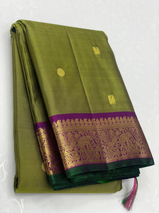 Classic Olive Green & Wine Red 2gm Zari Bridal Elegance Kanchipuram Handloom Silk Saree SS24401