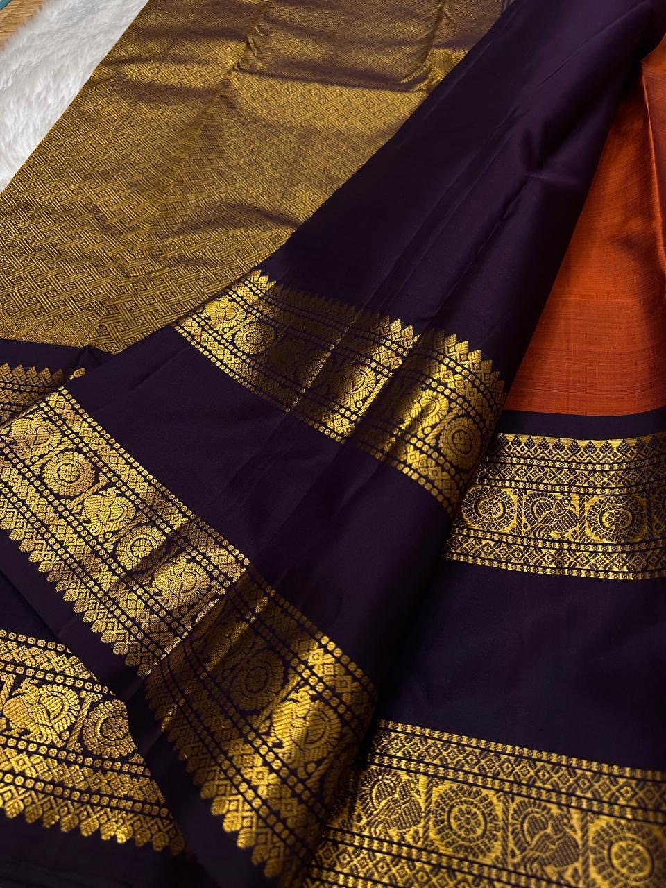 Classic Orange & Aubergine Elegance Kanchipuram Handloom Silk Saree SS24542