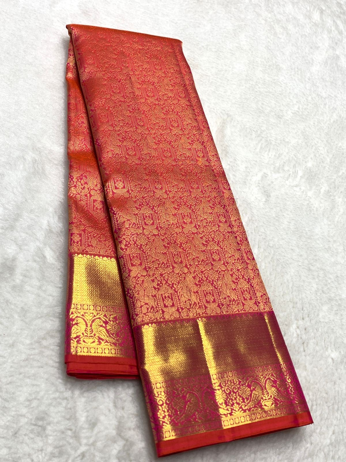 Classic Pinkish Orange 2gm Zari Bridal Elegance Kanchipuram Handloom Silk Saree SS25267