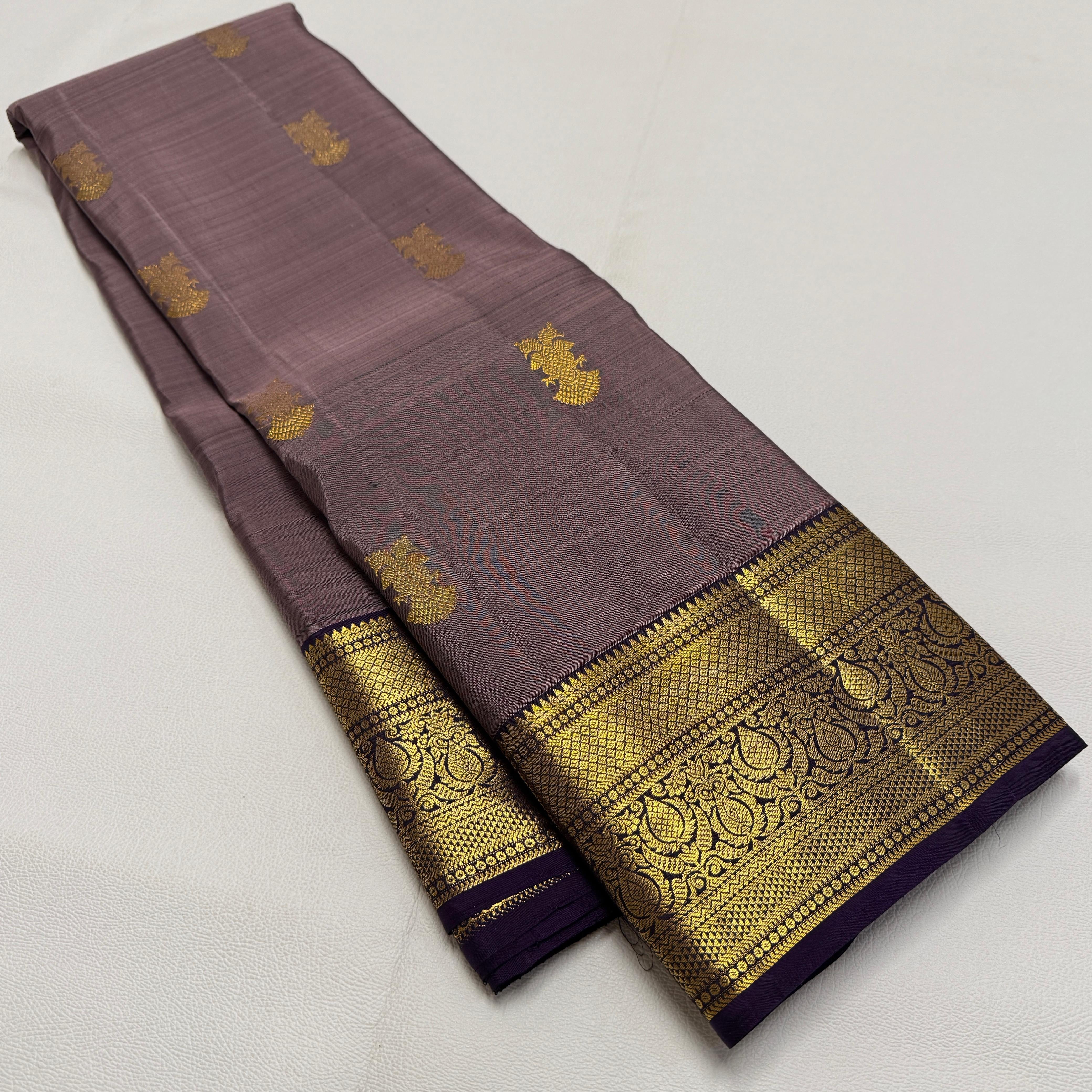 Classic Cocoa Chocolate & Eminence Purple 2gm Zari Kanchipuram Handloom Silk Saree SS26054