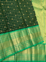 Load image into Gallery viewer, Classic Bottle Green &amp; Sea Green 2gm Zari Beldari Checks Elegance Kanchipuram Handloom Silk Saree SS24611
