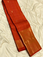 Load image into Gallery viewer, Classic Tangerine Orange 2gm Zari Vaira Oosi Checks Kanchipuram Handloom Silk Saree SS25898
