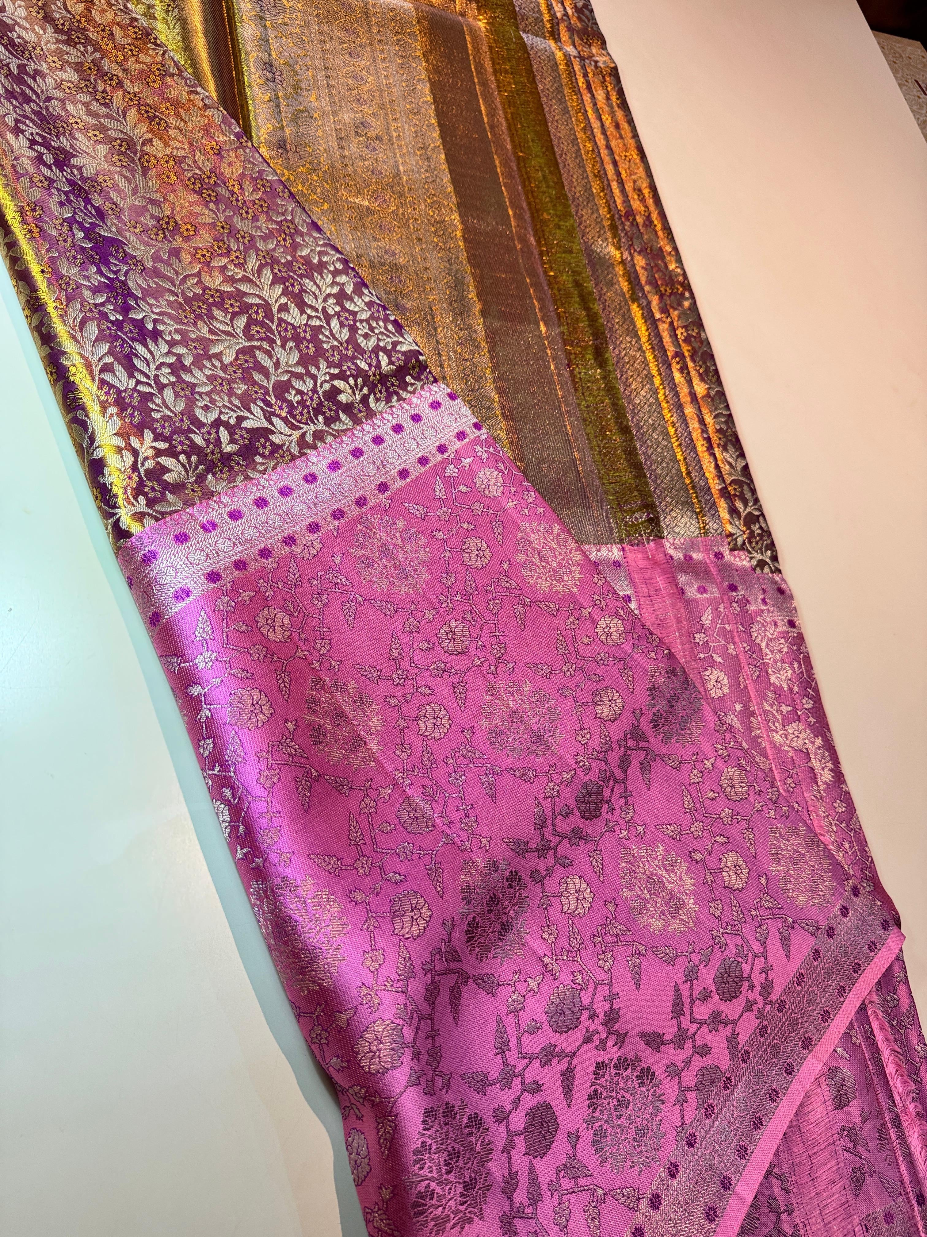 Classic Golden Vadamalli & Creamy Pink 4D Handmade Brocade Meenakari Designed Bridal Elegance Kanchipuram Handloom Silk Saree SS25405