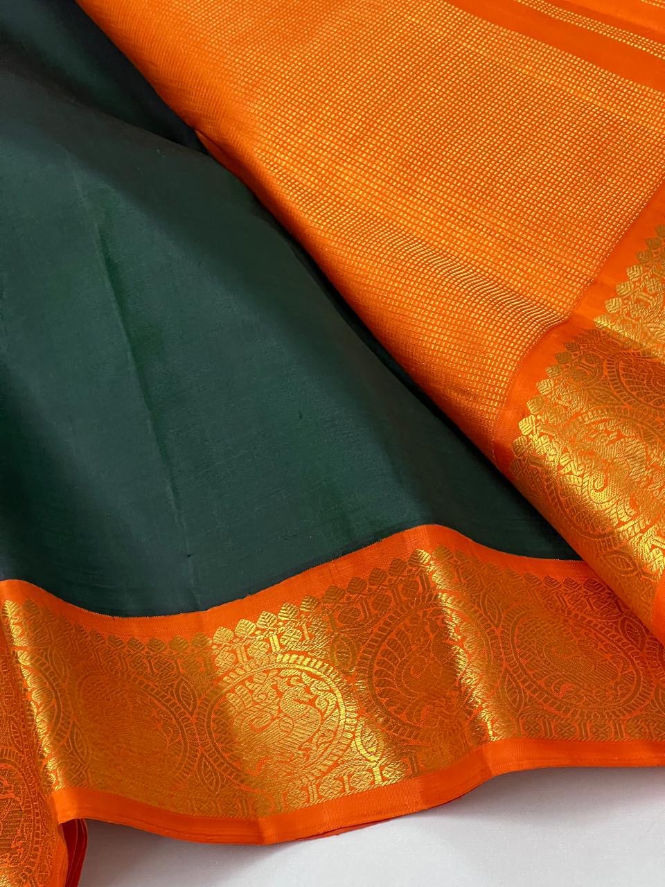 Classic Pine Green & Orange 2gm Zari Elegance Kanchipuram Handloom Silk Saree SS24706