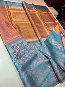 Classic Peachy Orange & Cornflower Blue 4D Handmade Brocade Meenakari Designed Bridal Elegance Kanchipuram Handloom Silk Saree SS25404