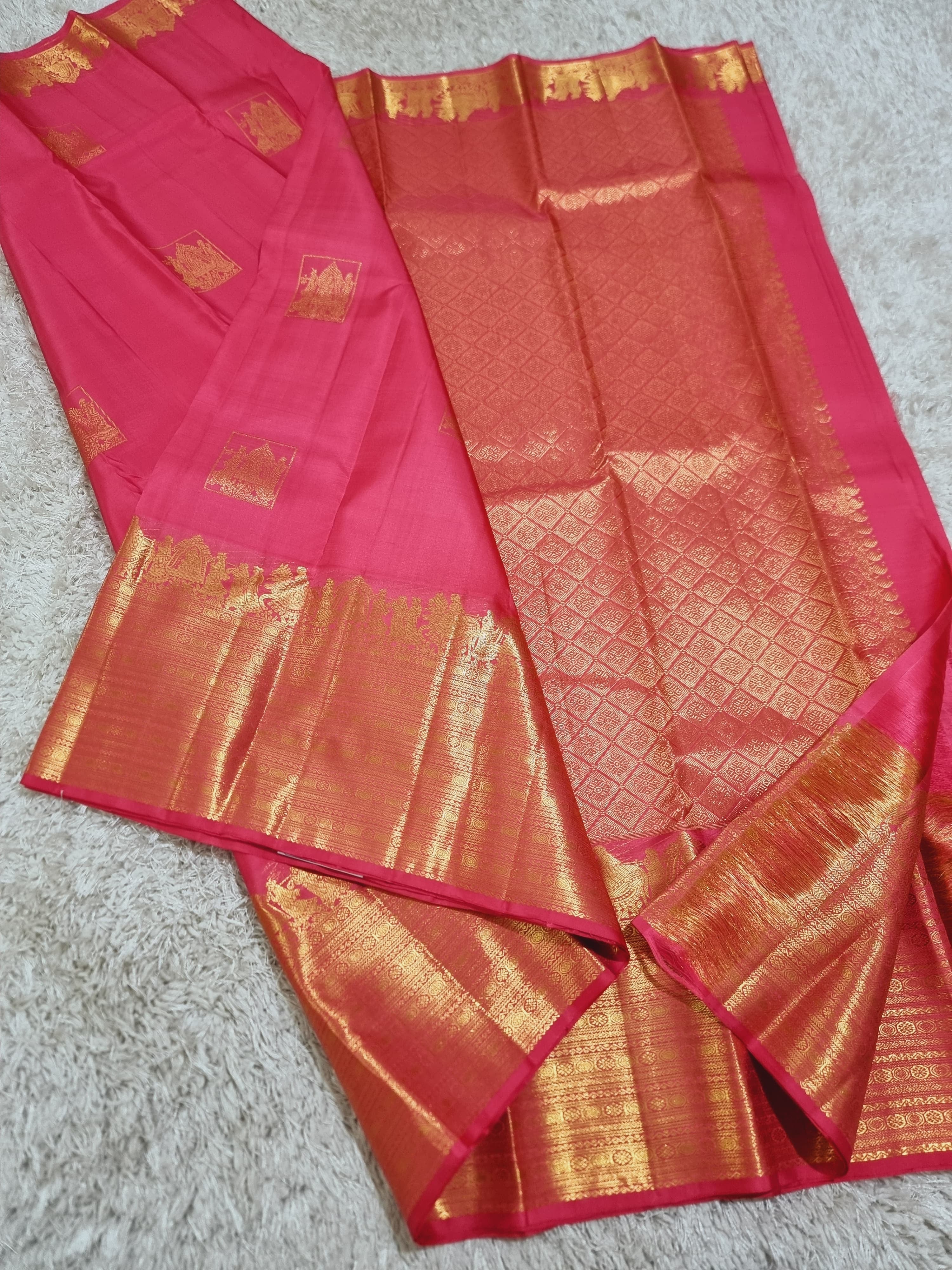 Classic Rose Pink 2gm Zari Pallaku Designed Bridal Elegance Kanchipuram Handloom Silk Saree SS22862