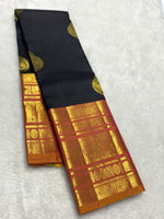 Load image into Gallery viewer, Classic Charcoal Black &amp; Mustard 2gm Zari Kanchipuram Handloom Silk Saree SS25829
